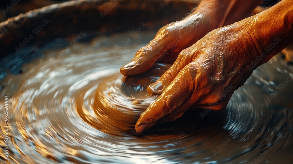 Fototapeta premium A potter's wheel is spinning with a man's hands on it.