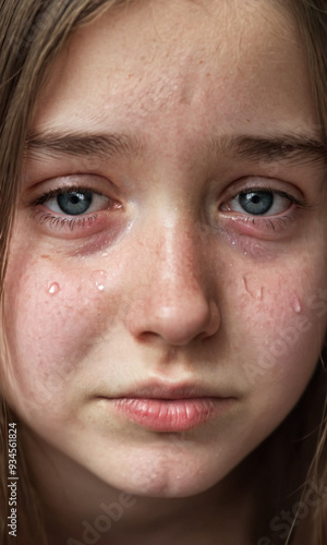 sad crying child, one girl, tears rolling down face, close up portrait, childhood and drama, traumatic experience, hurt feelings and negative emotions, caucasian, age 7-13