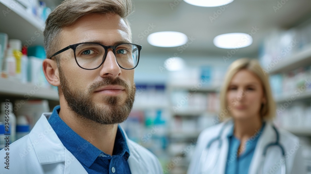 A man in a white lab coat and glasses stands in front of a pharmacy counter A man in a white lab coat and glasses stands in front of a pharmacy counter