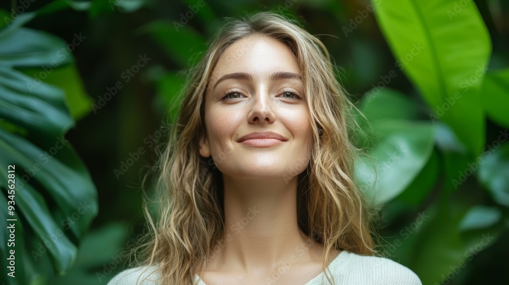 A woman with blonde hair and a white shirt is smiling in front of a green plant A woman with blonde hair and a white shirt is smiling in front of a green plant