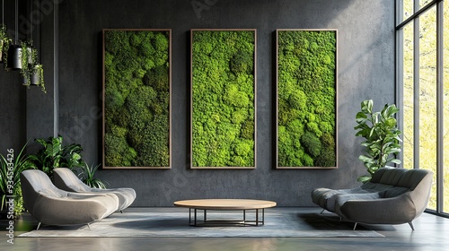 panels made of decorative stabilized moss in a home interior, eco design concept  photo