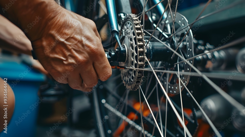 Fototapeta premium Close-up of hands adjusting a bicycle chain AI generated illustration