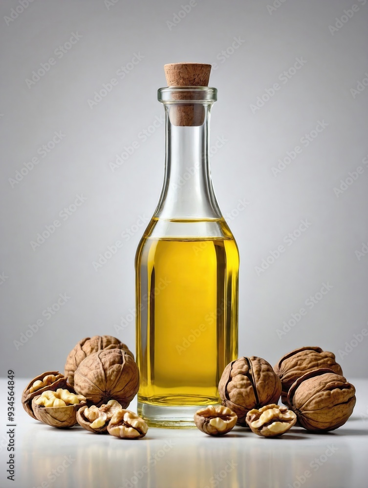 A clear glass bottle of golden-brown walnut oil stands upright on a plain white background, surrounded by a few shelled walnut halves and some whole walnuts. A clear glass bottle of golden-brown walnut oil stands upright on a plain white background, surrounded by a few shelled walnut halves and some whole walnuts.