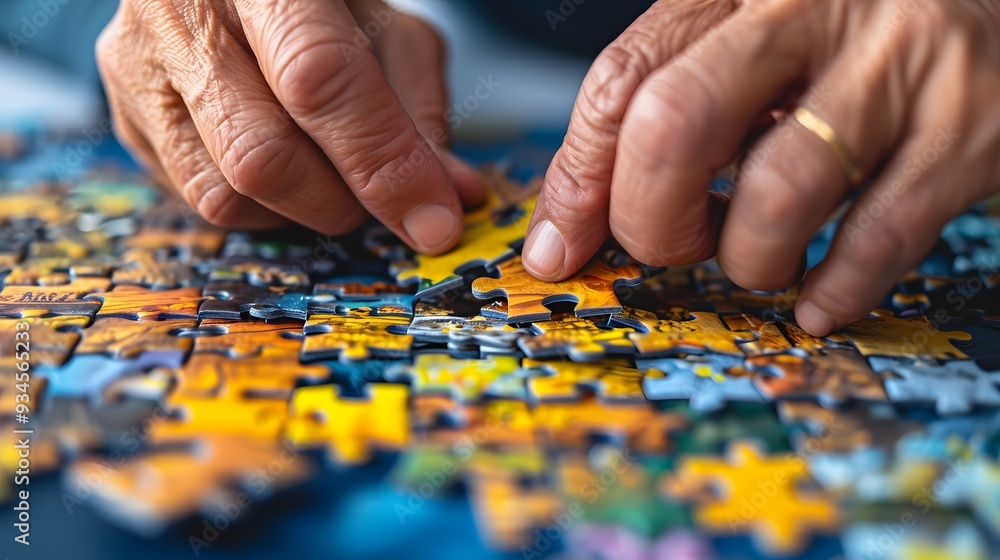 Close-up of hands assembling a jigsaw puzzle AI generated illustration Close-up of hands assembling a jigsaw puzzle AI generated illustration