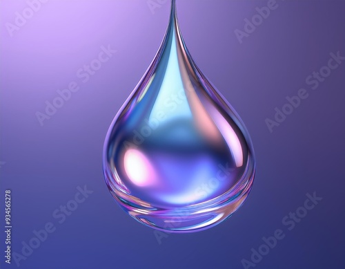 Single iridescent teardrop hangs against a purple background