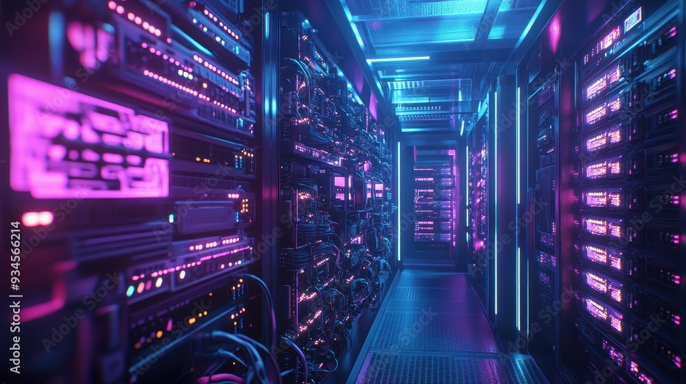 Futuristic Server Room with Neon Lights and Cables - High Tech Data Center Interior. Futuristic Server Room with Neon Lights and Cables - High Tech Data Center Interior.