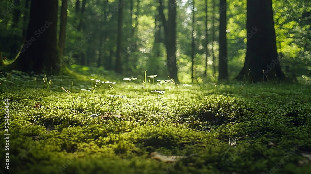 Fototapeta premium Shaded forest floor with lush moss and grass, filtered sunlight, soft shadows, low angle, tranquil and cool