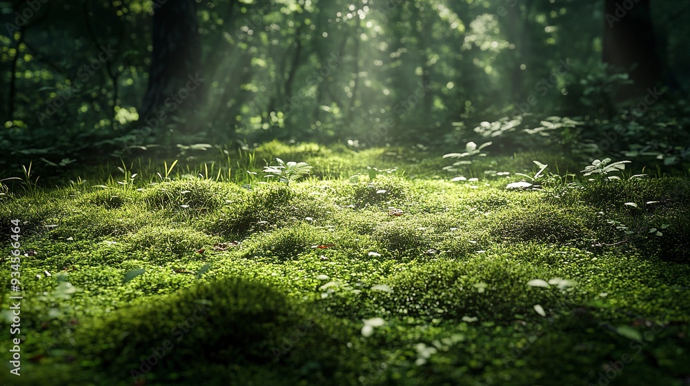 Shaded forest floor with lush moss and grass, filtered sunlight, soft shadows, low angle, tranquil and cool Shaded forest floor with lush moss and grass, filtered sunlight, soft shadows, low angle, tranquil and cool