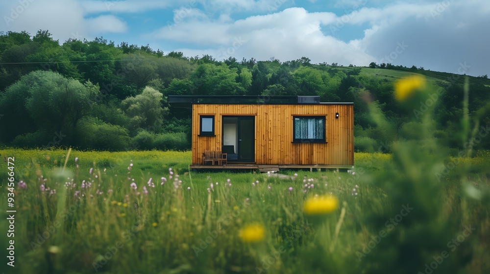 Close-up shot of a tiny house nestled into a luxuriantly green landscape with minimalistic wooden exterior design AI generated illustration Close-up shot of a tiny house nestled into a luxuriantly green landscape with minimalistic wooden exterior design AI generated illustration
