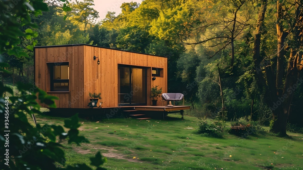 Close-up shot of a tiny house nestled into a luxuriantly green landscape with minimalistic wooden exterior design AI generated illustration Close-up shot of a tiny house nestled into a luxuriantly green landscape with minimalistic wooden exterior design AI generated illustration