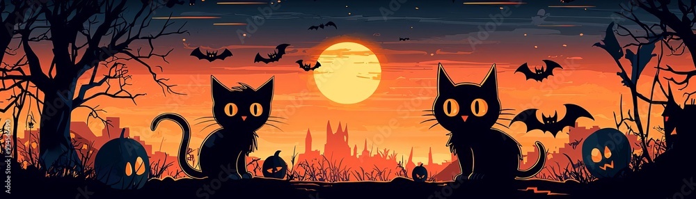 Zombie cat, witch owl, and vampire bat trio, eerie Halloween night with text copy space, flat design illustration Zombie cat, witch owl, and vampire bat trio, eerie Halloween night with text copy space, flat design illustration