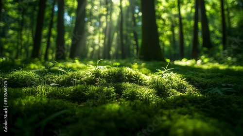 Shaded forest floor with lush moss and grass, filtered sunlight, soft shadows, low angle, tranquil and cool