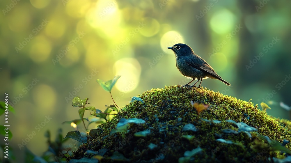 Obraz premium there is a small bird sitting on top of a moss covered hill