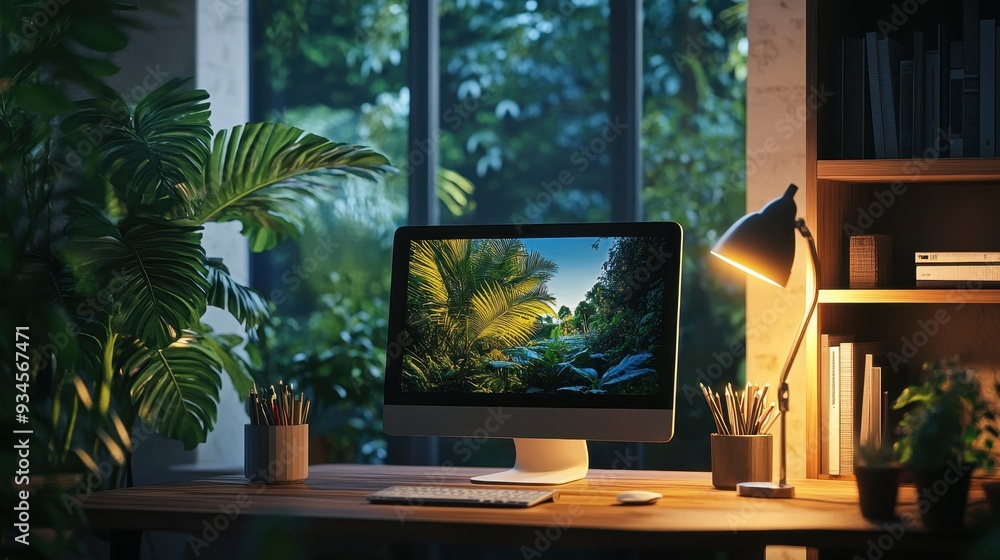 Modern Home Office Desk with Tropical View on Computer Screen. Modern Home Office Desk with Tropical View on Computer Screen.
