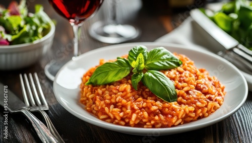 Photo of Bolognese Rice on a white plate. A white bowl with a red wine glass and silverware sits next to it