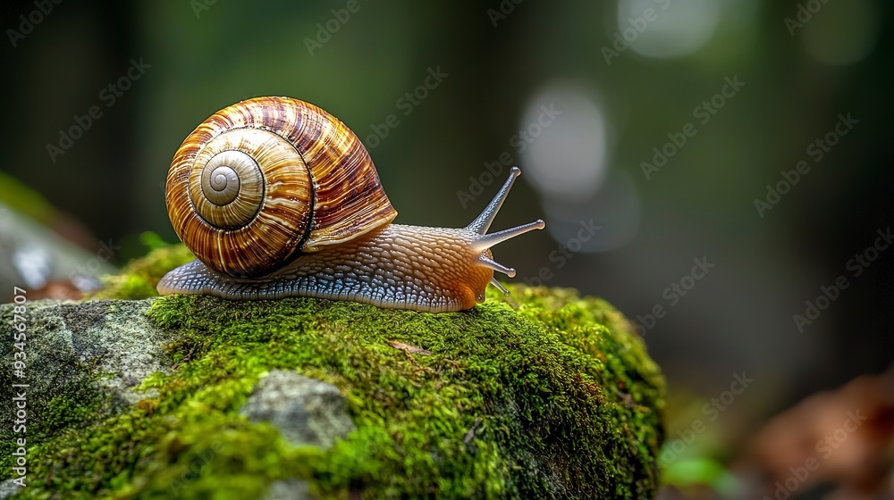 A brown snail with a spiral shell moving across a vibrant green moss-covered rock in a forest setting A brown snail with a spiral shell moving across a vibrant green moss-covered rock in a forest setting