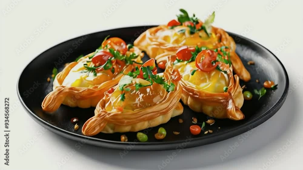 A plate of pastel, the golden-brown, crispy pastries filled with savory ingredients like vegetables and meat, served on black plate, isolated on white background A plate of pastel, the golden-brown, crispy pastries filled with savory ingredients like vegetables and meat, served on black plate, isolated on white background
