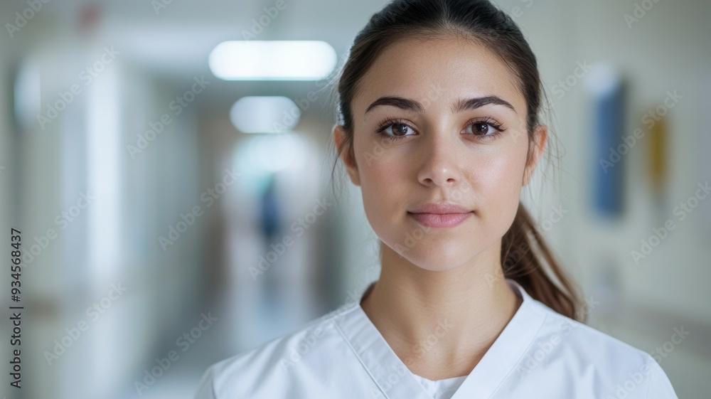 A woman in a white uniform stands in a hallway A woman in a white uniform stands in a hallway