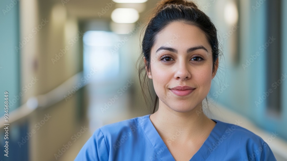 A woman in a blue scrubs is smiling for the camera A woman in a blue scrubs is smiling for the camera