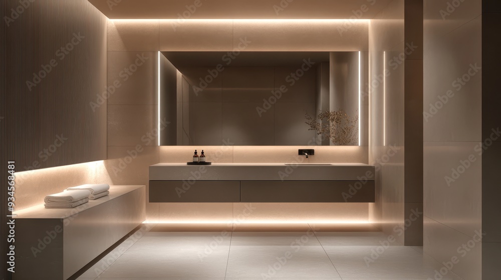Minimalist Bathroom Interior Design with LED Lighting and Modern Vanity. Minimalist Bathroom Interior Design with LED Lighting and Modern Vanity.