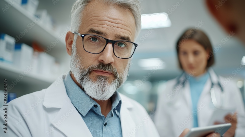 A man in a white lab coat with glasses is looking at a tablet A man in a white lab coat with glasses is looking at a tablet