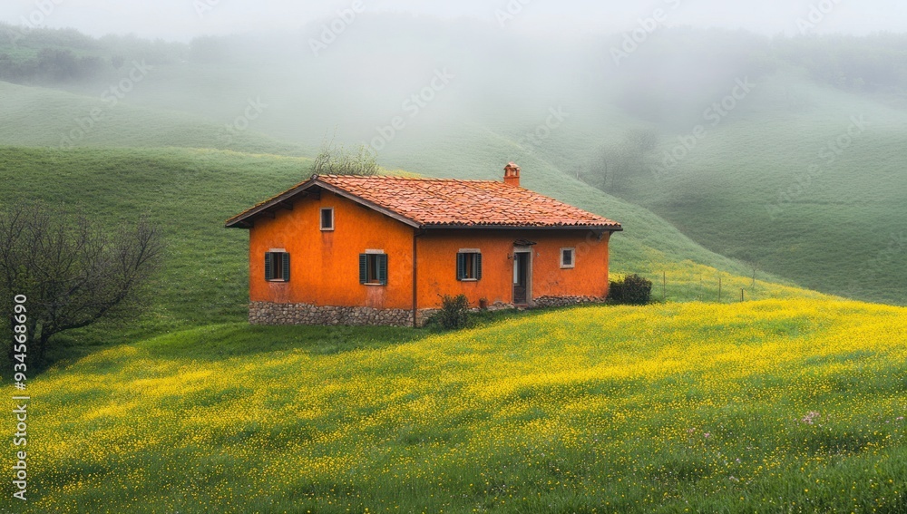 Photo of an Italian farmhouse in the rolling hills, with green grass and yellow flowers Photo of an Italian farmhouse in the rolling hills, with green grass and yellow flowers