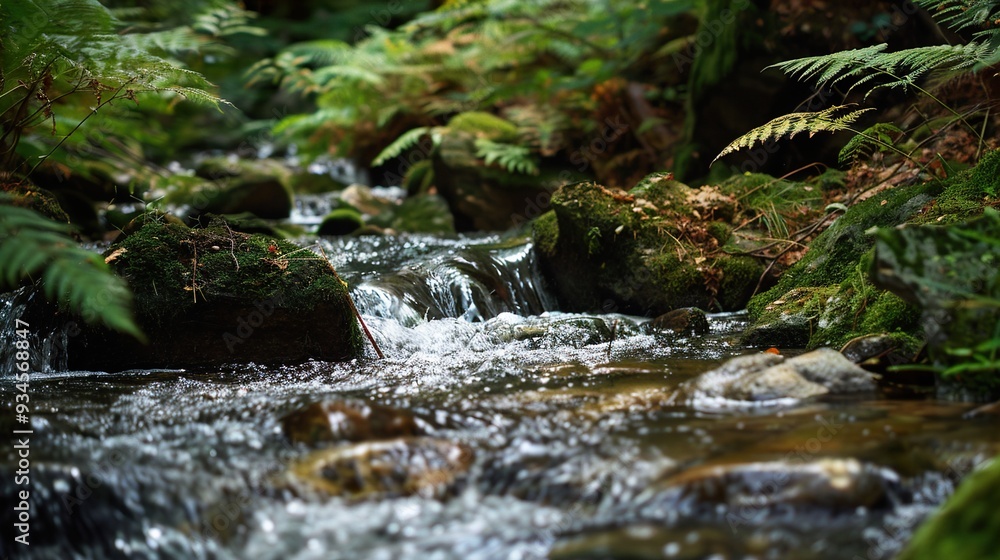 Serene Forest Stream: Tranquil Water Flowing Over Mossy Rocks Serene Forest Stream: Tranquil Water Flowing Over Mossy Rocks