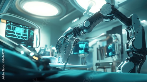 Robotic Arm Performing Surgery In Futuristic Operating Room.