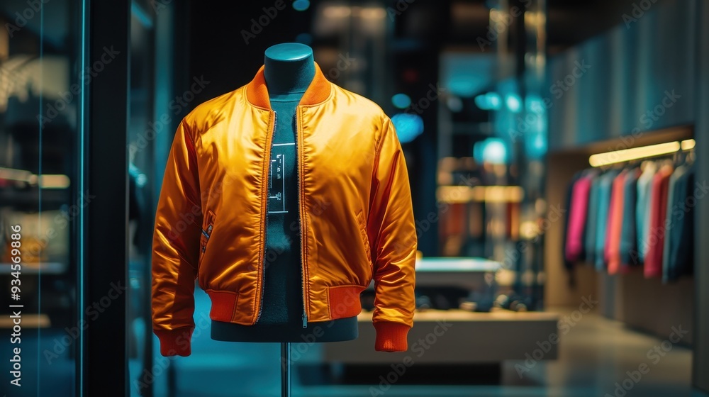 Orange Bomber Jacket on Mannequin in Clothing Store Display. Orange Bomber Jacket on Mannequin in Clothing Store Display.