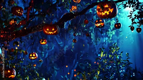 Jack O' Lanterns hanging on haunted forest, spooky night halloween video background