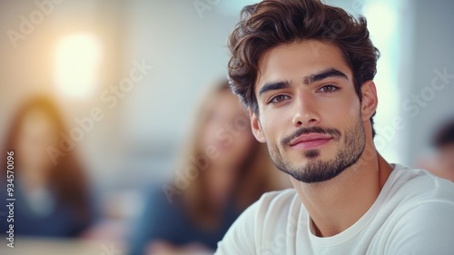 A man with a beard and a mustache is sitting in a classroom with other people