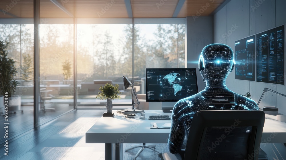 Fototapeta premium Futuristic Robot Working at a Desk in Modern Office with Computer and World Map on Screen.