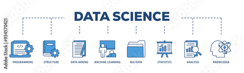 Data science icons process structure web banner illustration of data, classification, analyze, statistics, solving, decision and knowledge icon png transparent background. photo