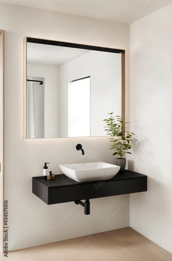 Obraz premium A bathroom with a black sink and a mirror. The sink is white and has a plant on it
