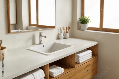 A bathroom with a sink and a window