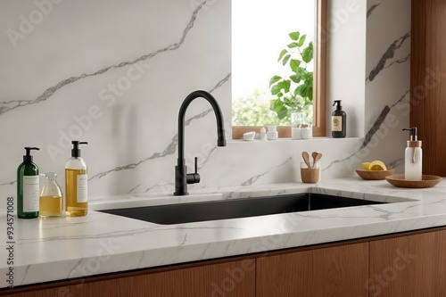 A kitchen sink with a black faucet and a white countertop