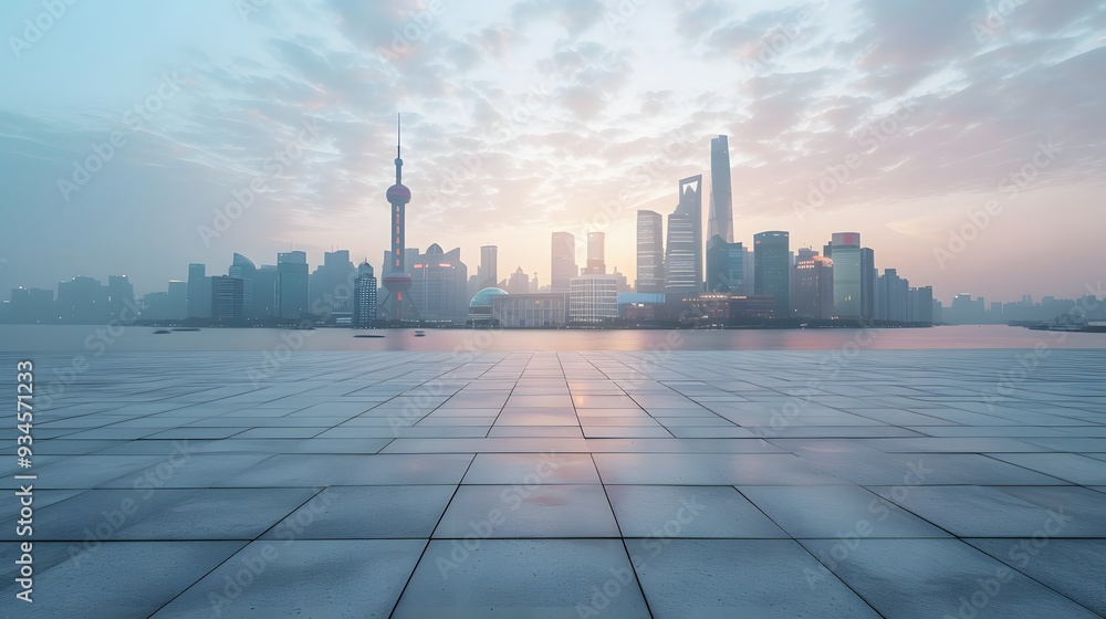 Contrasting imagery of an empty square floor foreground with a busy cityscape background AI generated illustration Contrasting imagery of an empty square floor foreground with a busy cityscape background AI generated illustration