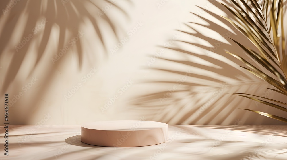 Cosmetic podium display within an abstract minimal design featuring a tropical palm leaf shadow on the background AI generated illustration Cosmetic podium display within an abstract minimal design featuring a tropical palm leaf shadow on the background AI generated illustration