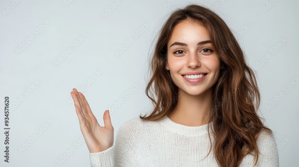 friendly woman with hand gesture to request to create an account for website friendly woman with hand gesture to request to create an account for website