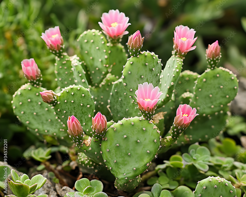 Close-up of a prickly pear cactus with pink flowers blooming. Green pads and bright flowers create a vibrant image. Close-up of a prickly pear cactus with pink flowers blooming. Green pads and bright flowers create a vibrant image.