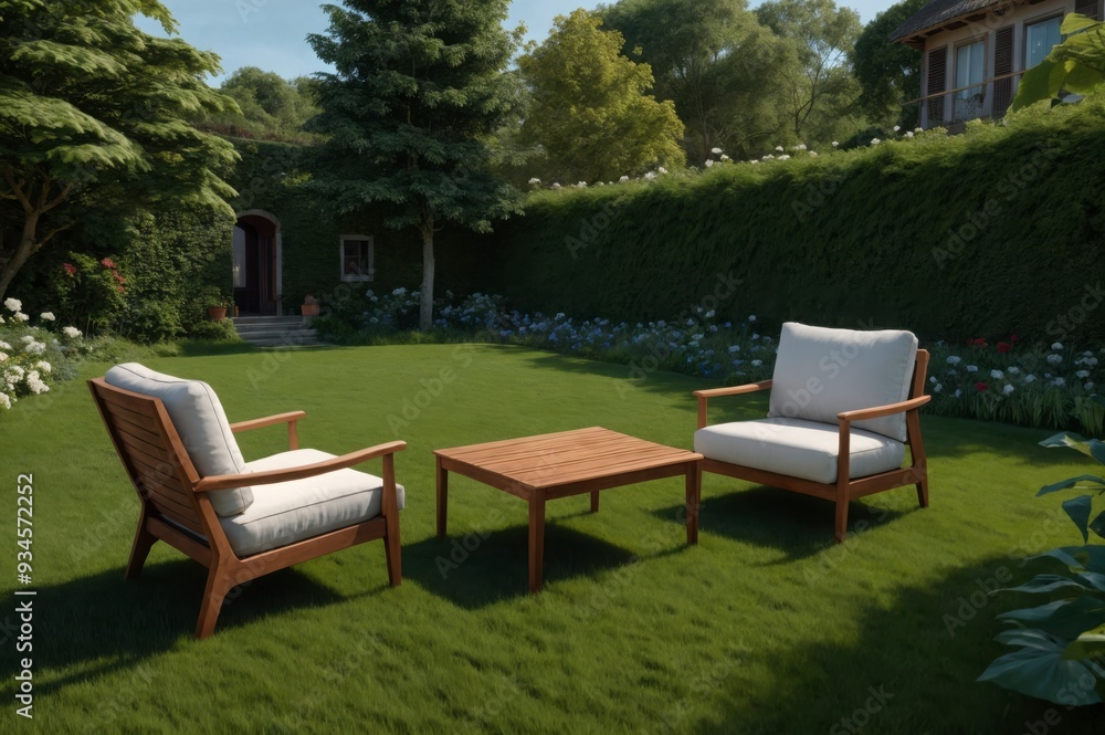 A wooden bench and two chairs are placed in a grassy area. The chairs are facing each other and the bench is in between them. The scene is peaceful and inviting, with the chairs A wooden bench and two chairs are placed in a grassy area. The chairs are facing each other and the bench is in between them. The scene is peaceful and inviting, with the chairs