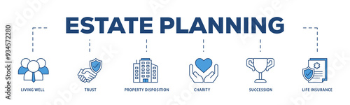 Estate planning icons process structure web banner illustration of living well, trust, property disposition, charity, succession, life insurance icon png transparent background.