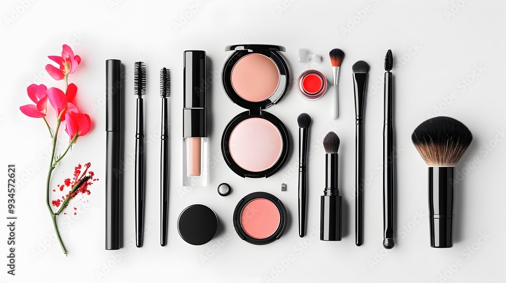 Creatively arranged makeup kit against a simple white background AI generated illustration Creatively arranged makeup kit against a simple white background AI generated illustration