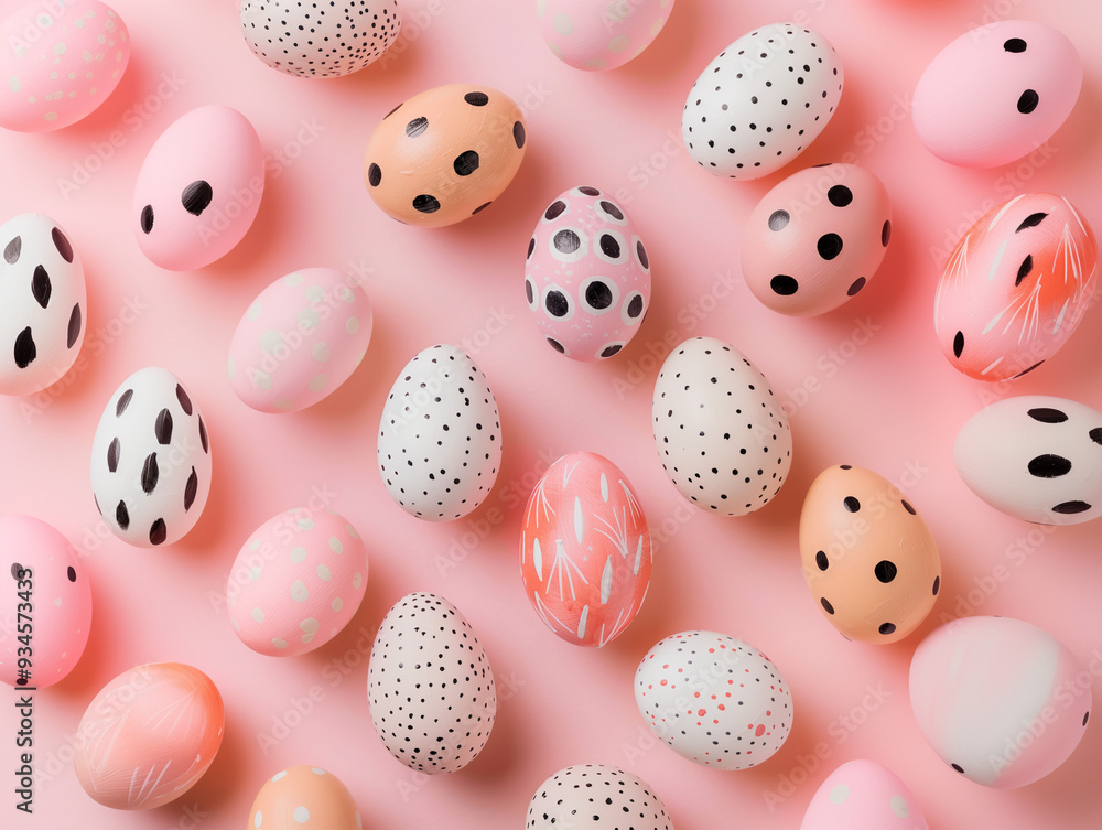 Flat Lay of Cute Hand-Painted Easter Eggs on Pink Background Flat Lay of Cute Hand-Painted Easter Eggs on Pink Background