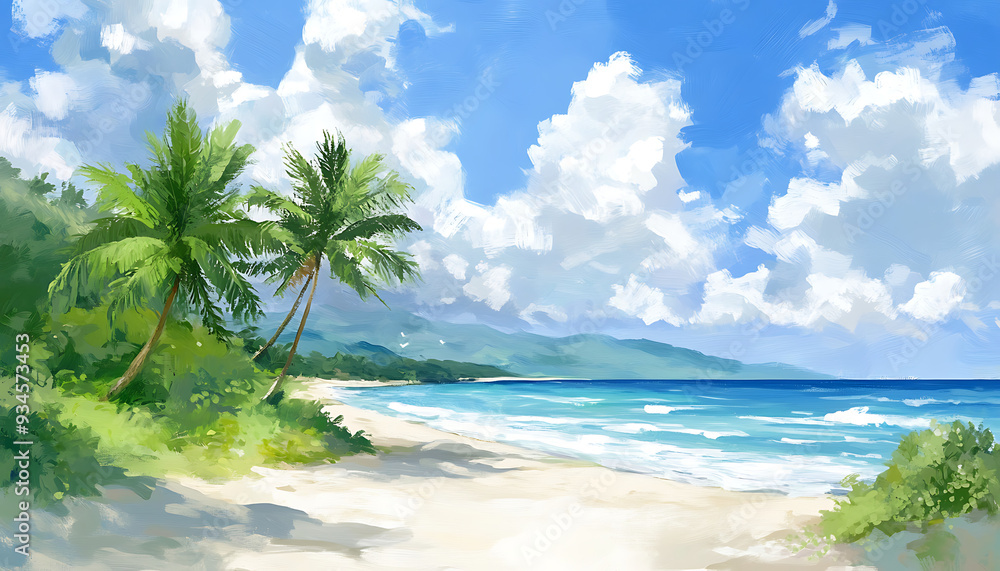 Tranquil tropical beach scene with palm trees, white sand, and turquoise water under a blue sky with fluffy clouds. Tranquil tropical beach scene with palm trees, white sand, and turquoise water under a blue sky with fluffy clouds.