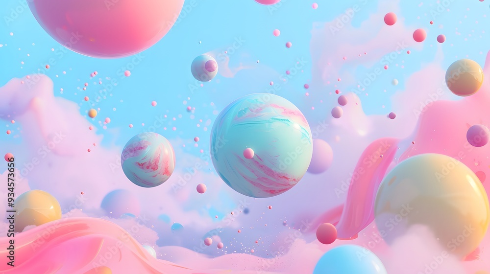 Fototapeta premium Cute 3D objects floating in a pastel abstract space AI generated illustration