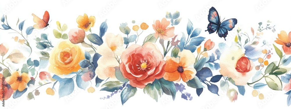 Obraz premium Watercolor illustration featuring a floral arrangement with a butterfly Design component