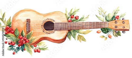 Watercolor illustration of a hand drawn guitar featuring a wooden string instrument accompanied by forest berries and flowers Isolated on a white background suitable for stickers cards and invitat photo