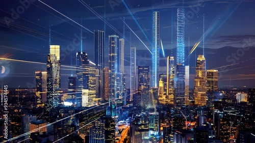 Wallpaper Mural Futuristic digital visualization of data analytics with glowing lines and charts over a cityscape at night. Torontodigital.ca