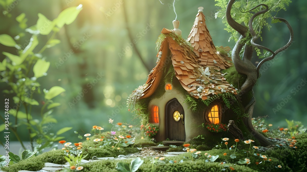 Fototapeta premium Cute miniature fairy house in a 3D abstract setting AI generated illustration